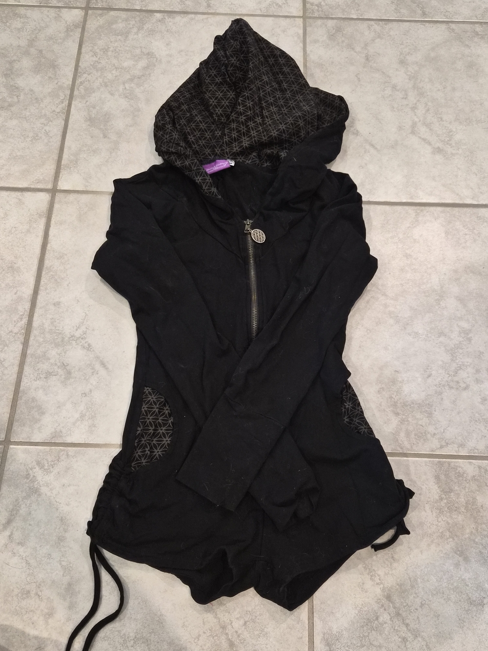 Black Hooded Zip Romper with Flower Of Life Lining